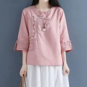 3/4 Sleeve Crew Neck Floral Embroidered Blouse