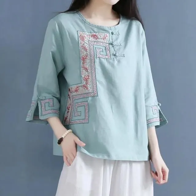 3/4 Sleeve Crew Neck Floral Embroidered Blouse