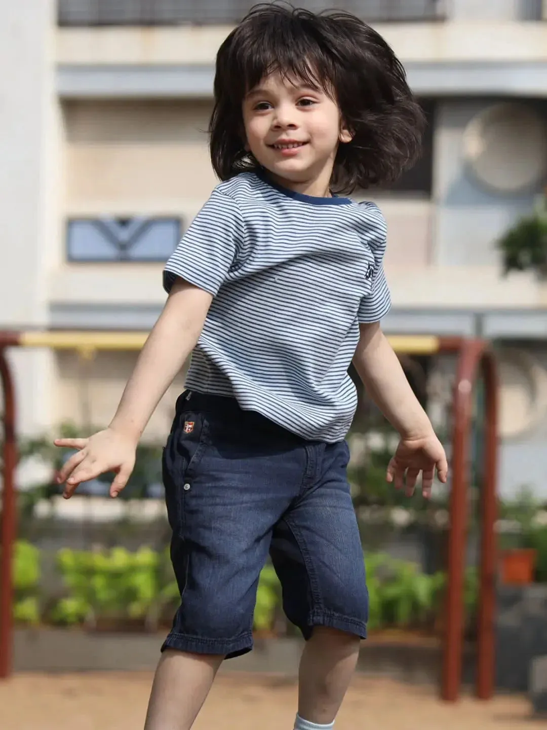 Blue Striped Round Neck Organic Cotton T-shirt