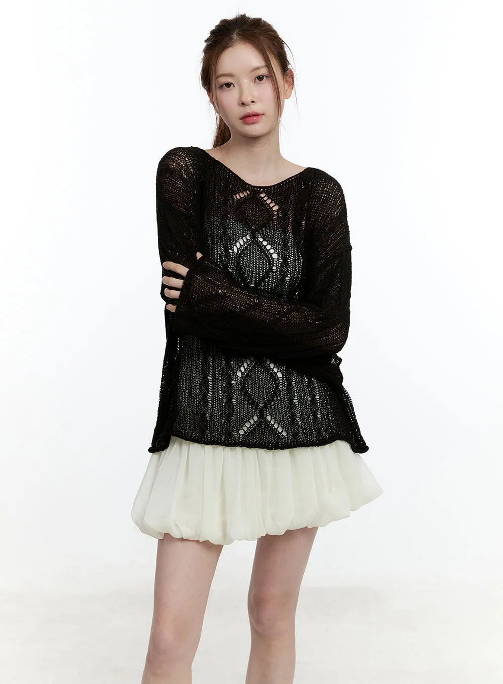 Cable Knit Sheer Loose-Fit Sweater CM521