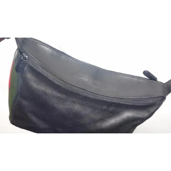 Gucci Vintage Black With Red Green Stripe Leather Hobo Bag