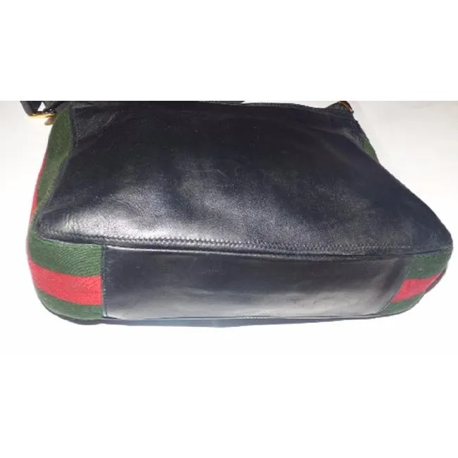 Gucci Vintage Black With Red Green Stripe Leather Hobo Bag