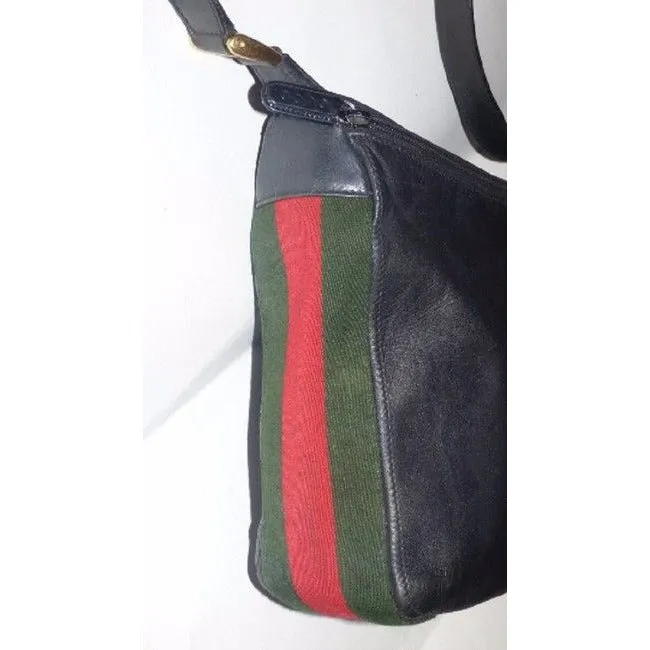 Gucci Vintage Black With Red Green Stripe Leather Hobo Bag