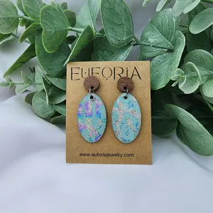 Oval Leather Earrings - Multi-Color Leopard Over Seafoam