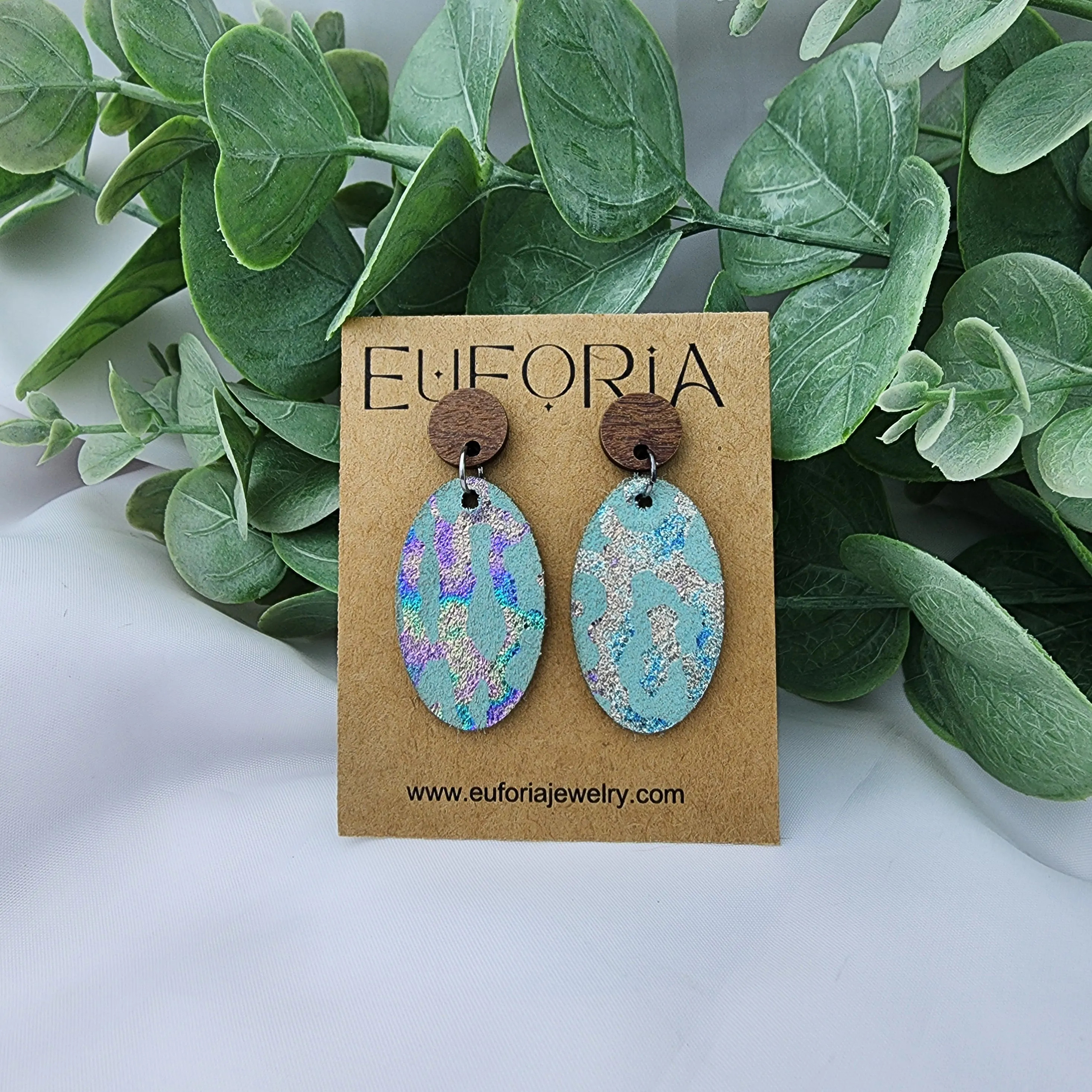 Oval Leather Earrings - Multi-Color Leopard Over Seafoam